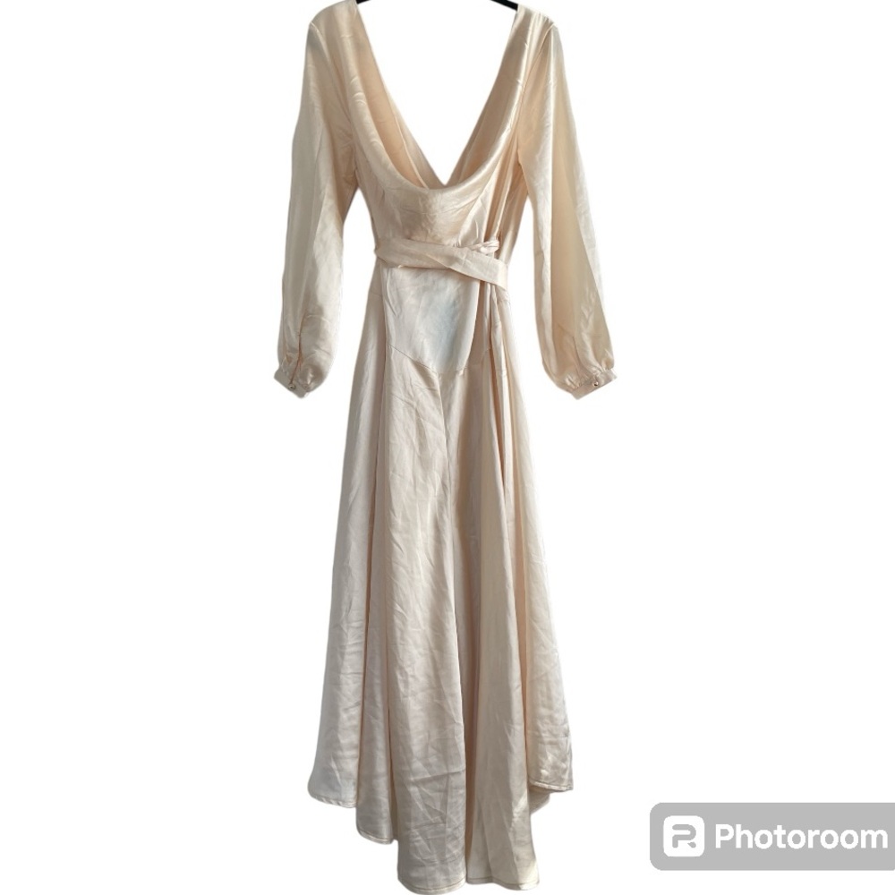 Nasty Gal Satin Champagne Cowl Back Wrap Front Maxi Dress Size 6 NWT - Picture 5 of 6